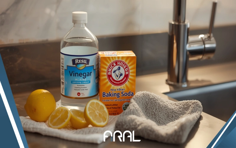 مواد طبیعی برای تمیز کردن شیرآلات شامل سرکه، جوش شیرین و آبلیمو